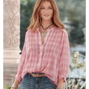 SUNDANCE | Pink and white Checked Risette Boho Pintucked Blouse | Medium